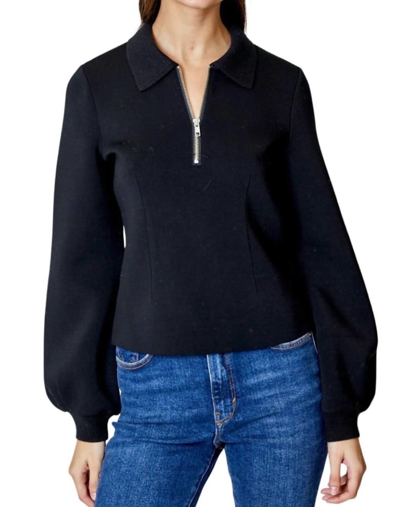 Front of a model wearing a size Large Kaya Scuba Top in Black in Black by DESIGN HISTORY. | dia_product_style_image_id:334450